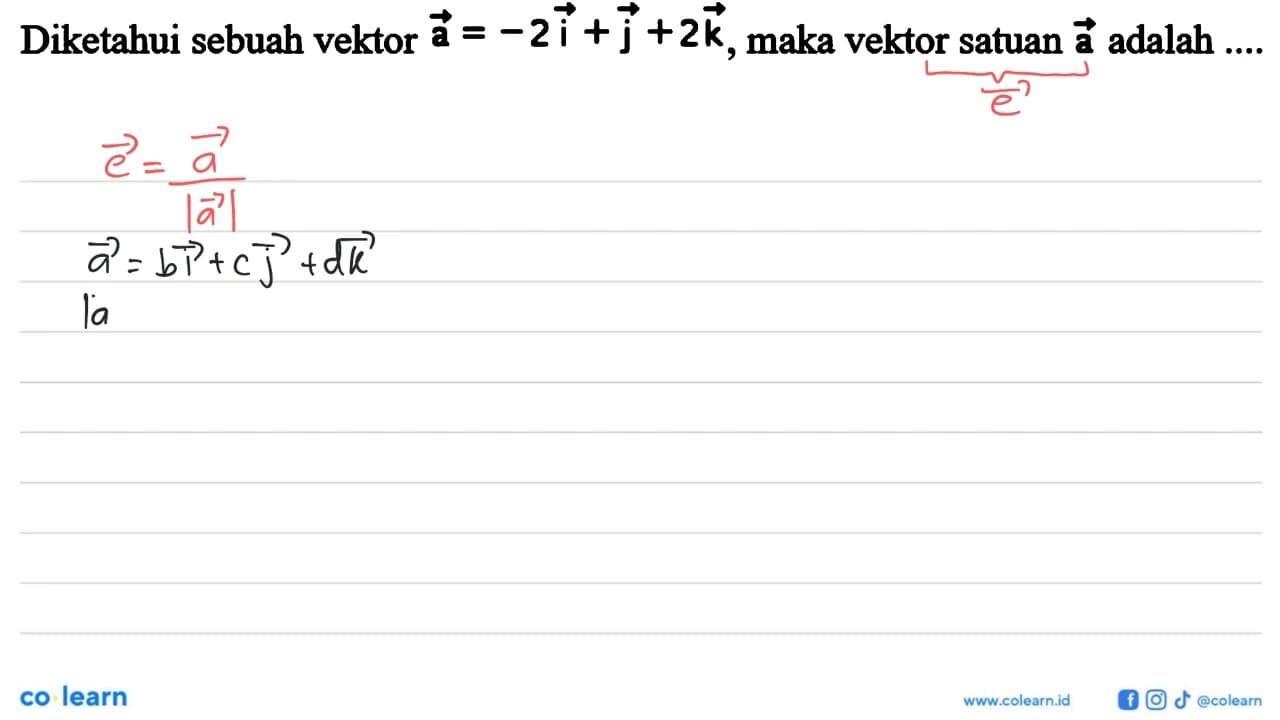 Diketahui sebuah vektor a=-2i+j+2k, maka vektor satuan a