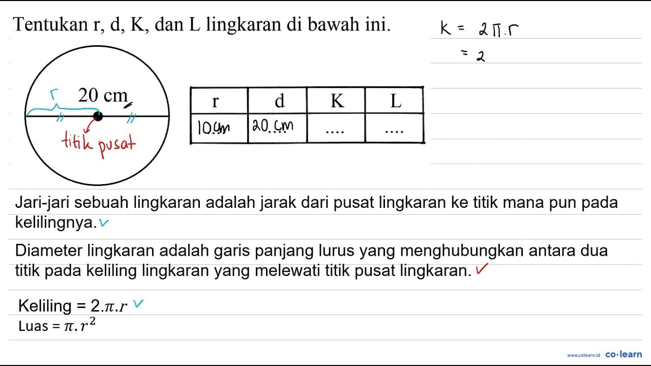 Tentukan r, d, K , dan L lingkaran di bawah ini. r d K L