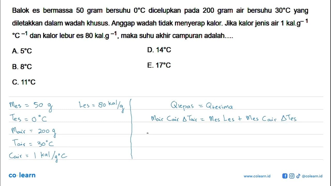 Balok es bermassa 50 gram bersuhu 0 C dicelupkan pada 200