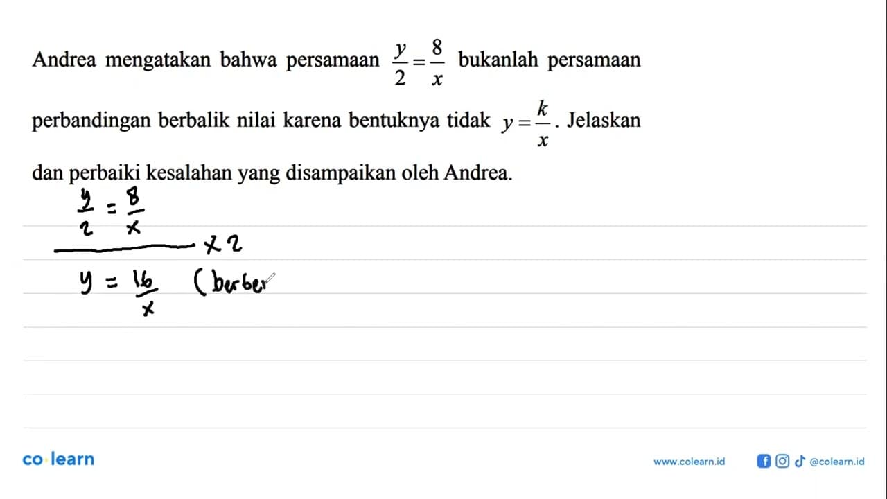 Andrea mengatakan bahwa persamaan y/2=8/x bukanlah