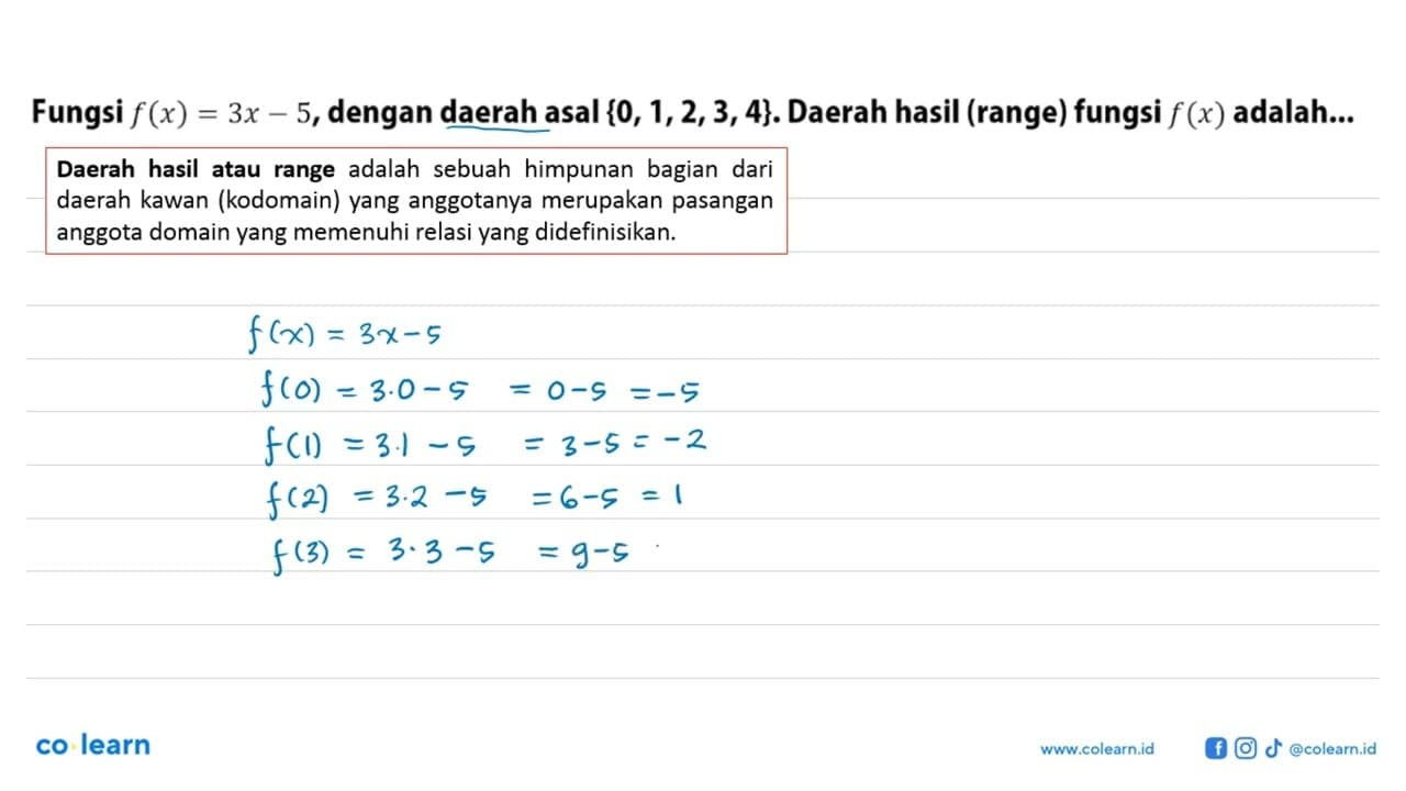 Fungsi f(x)=3x-5, dengan daerah asal {0, 1, 2, 3, 4}.