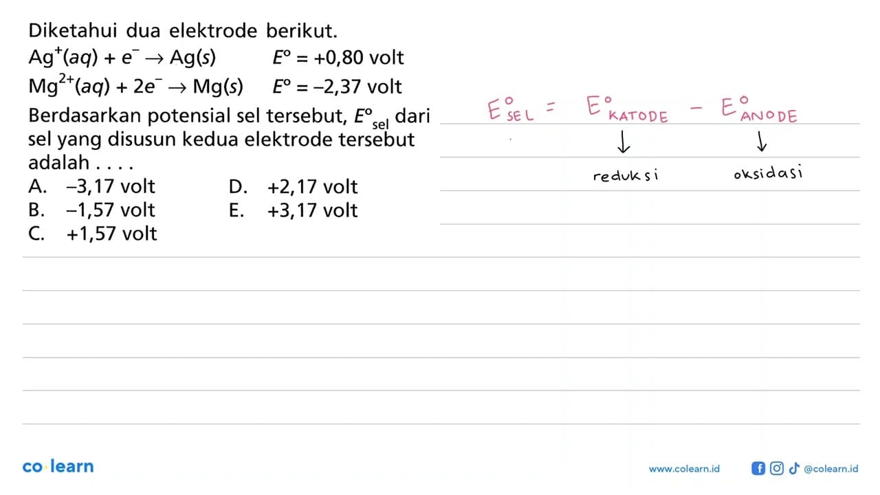 Diketahui dua elektrode berikut. Ag^+ (aq) + e^- -> Ag (s)