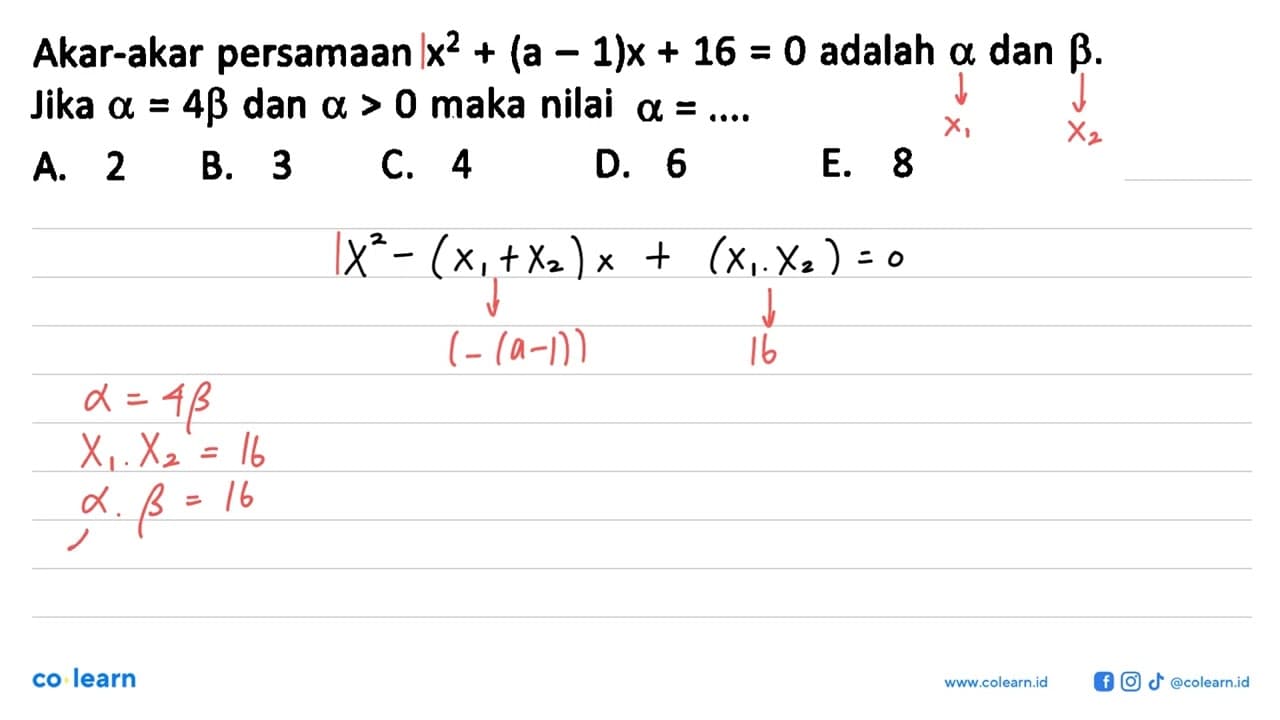 Akar-akar persamaan x^2 + (a - 1)x + 16 = 0 adalah a dan b.