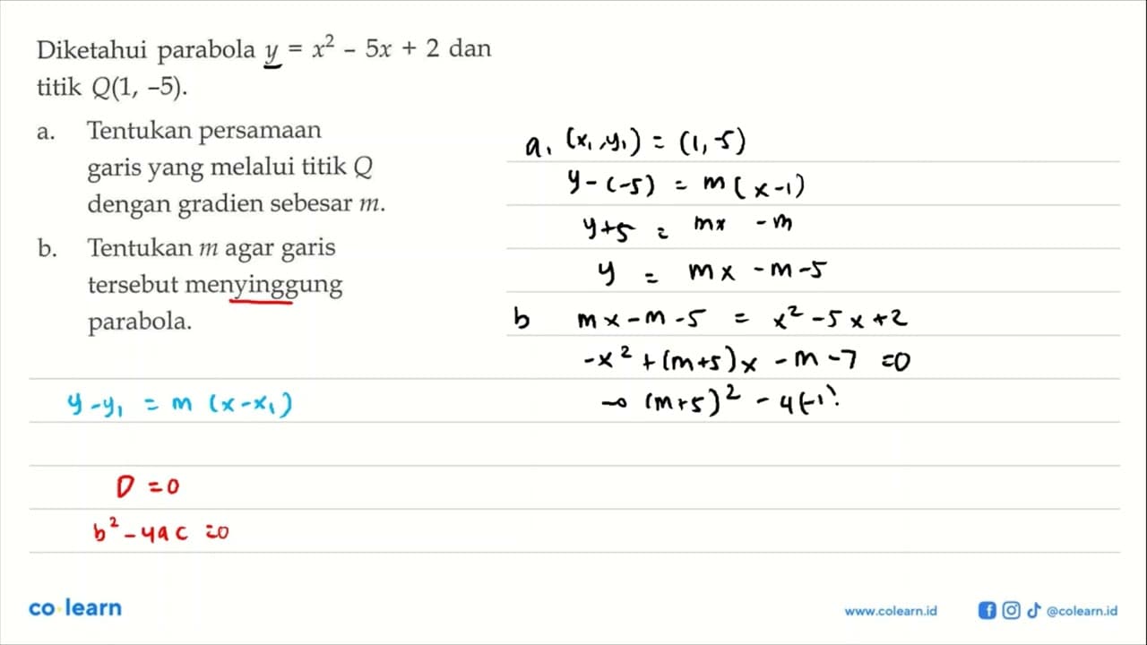 Diketahui parabola y=x^2-5x+2 dan titik Q(1, -5). a.