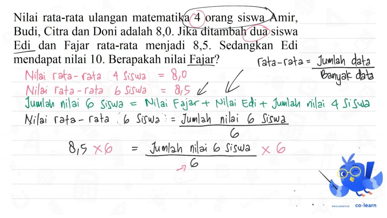 Nilai rata-rata ulangan matematika 4 orang siswa Amir,