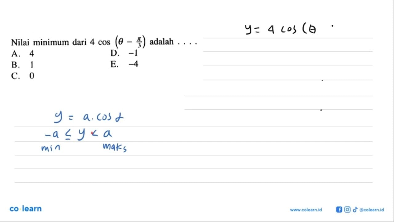 Nilai minimum dari 4 cos (theta-pi/3) adalah ... .