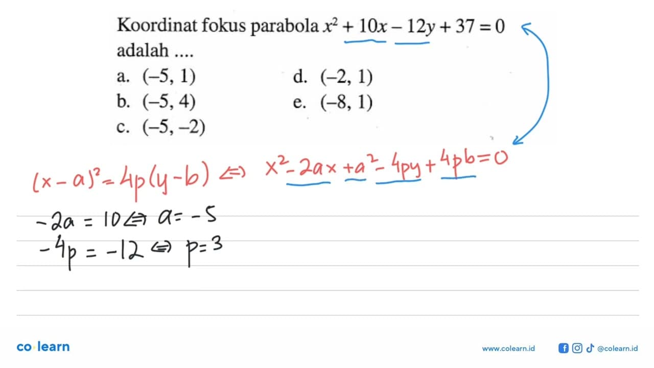 Koordinat fokus parabola x^2-12y +37 =0 adalah