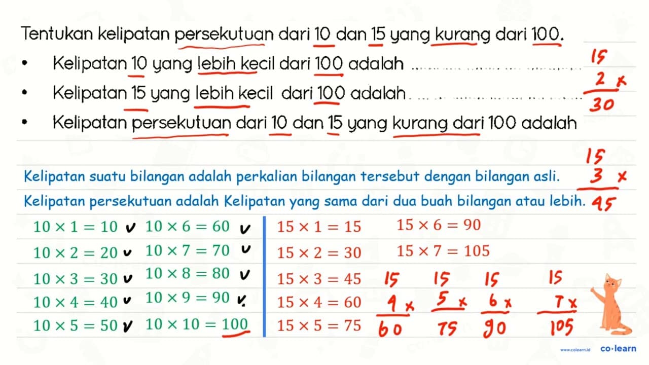 Tentukan kelipatan persekutuan dari 10 dan 15 yang kurang