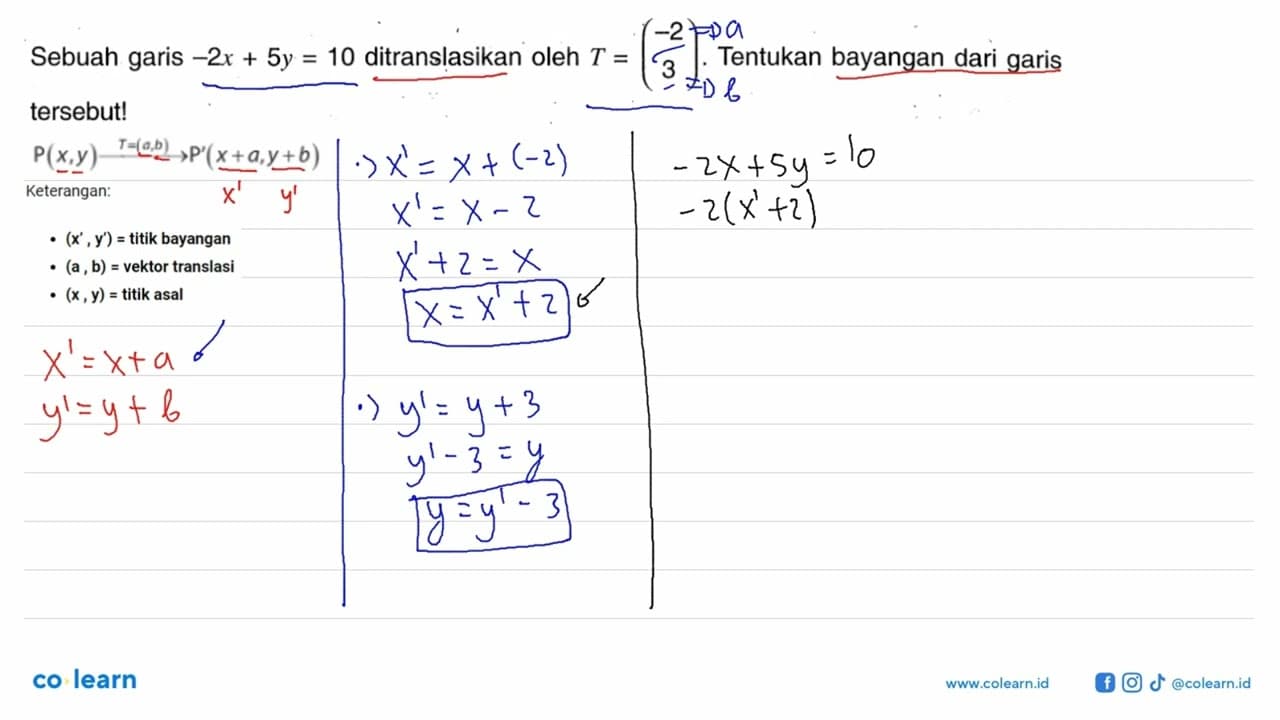 Sebuah garis -2x+5y=10 ditranslasikan oleh T=(-2 3).