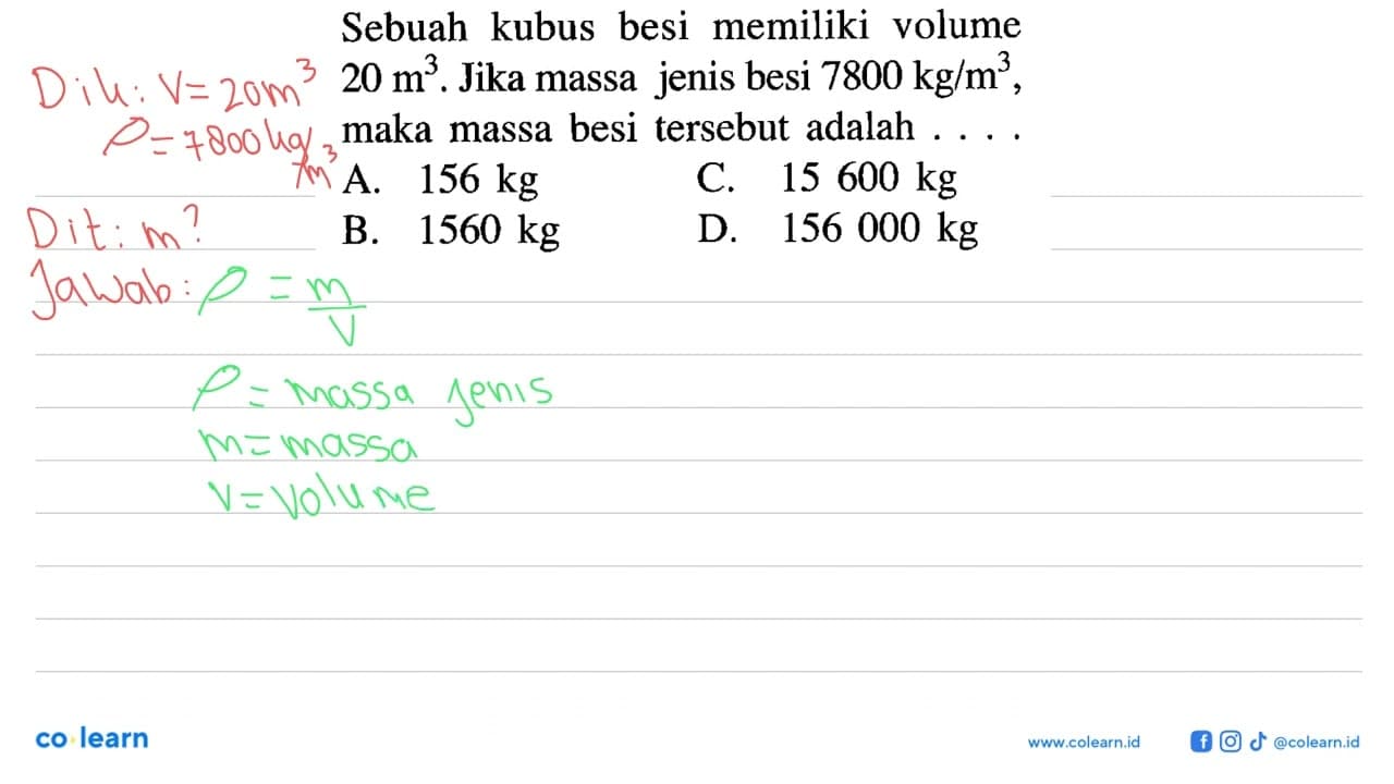 Sebuah kubus besi memiliki volume 20 m^3. Jika massa jenis