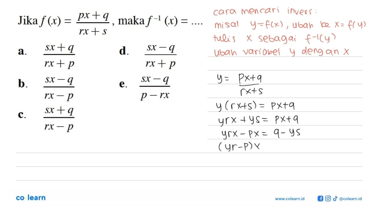 Jika f(x)=(px+q)/(rx+s), maka f^(-1)(x)=...