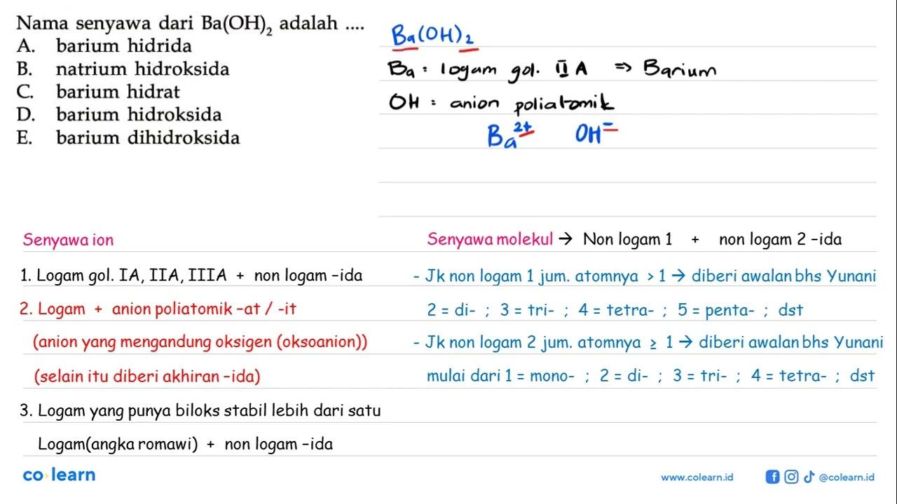 Nama senyawa dari Ba(OH)2 adalah.....