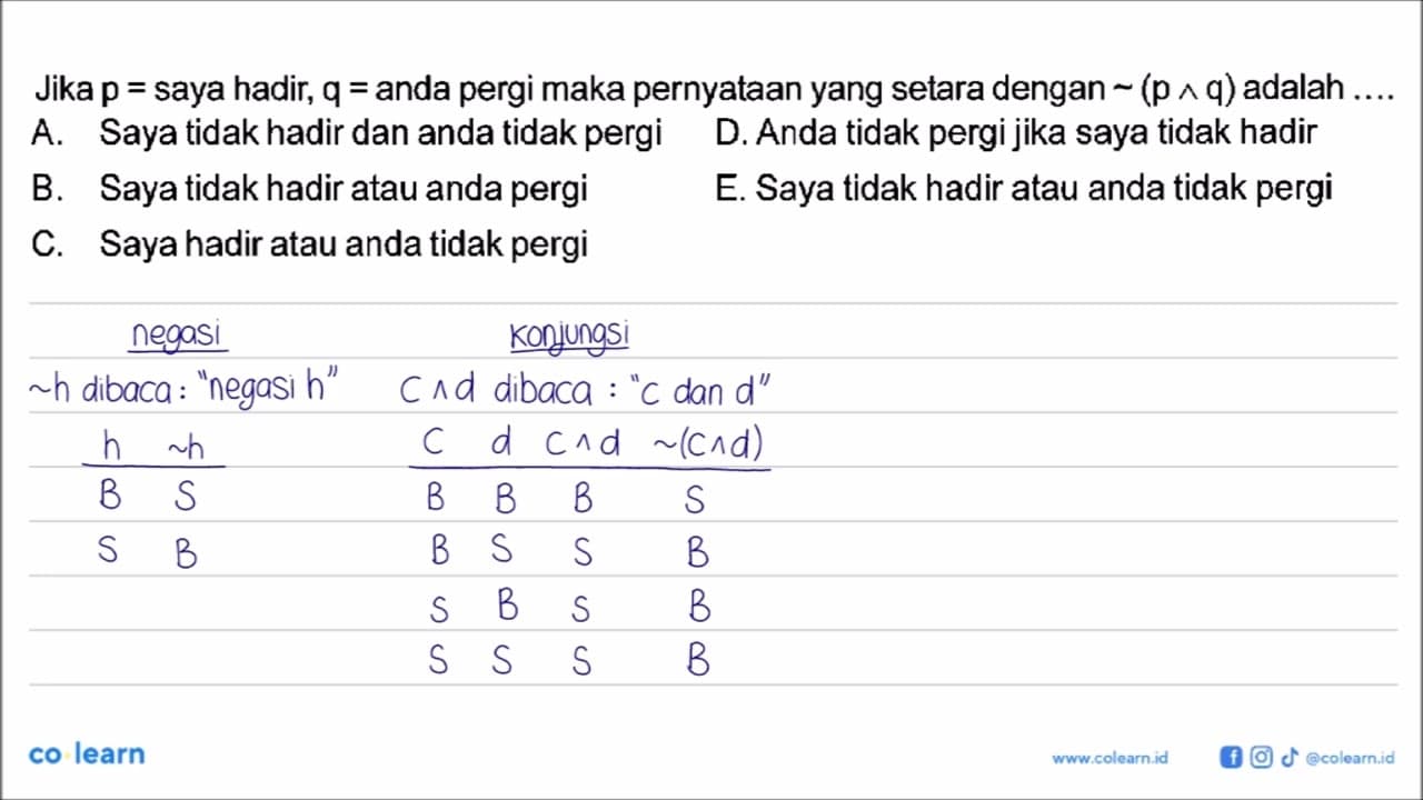 Jika p=saya hadir, q=anda pergi maka pernyataan yang setara