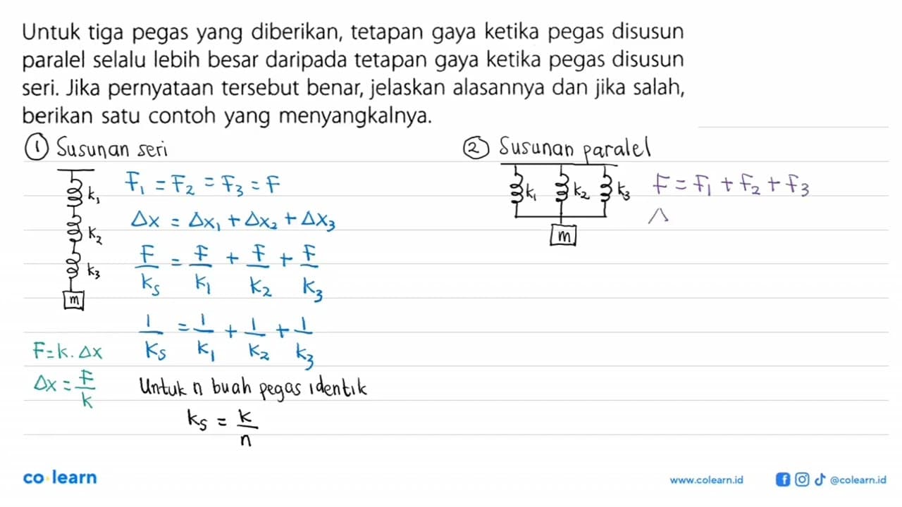 Untuk tiga pegas yang diberikan, tetapan gaya ketika pegas