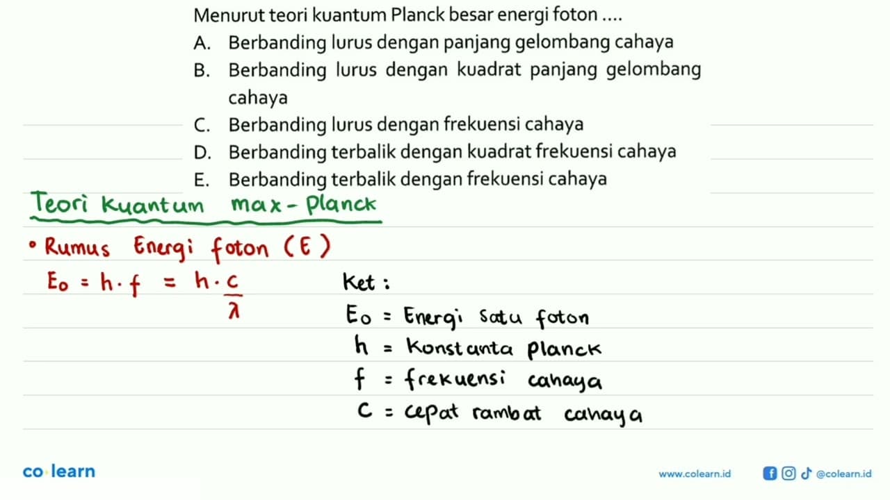 Menurut teori kuantum Planck besar energi foton ....A.