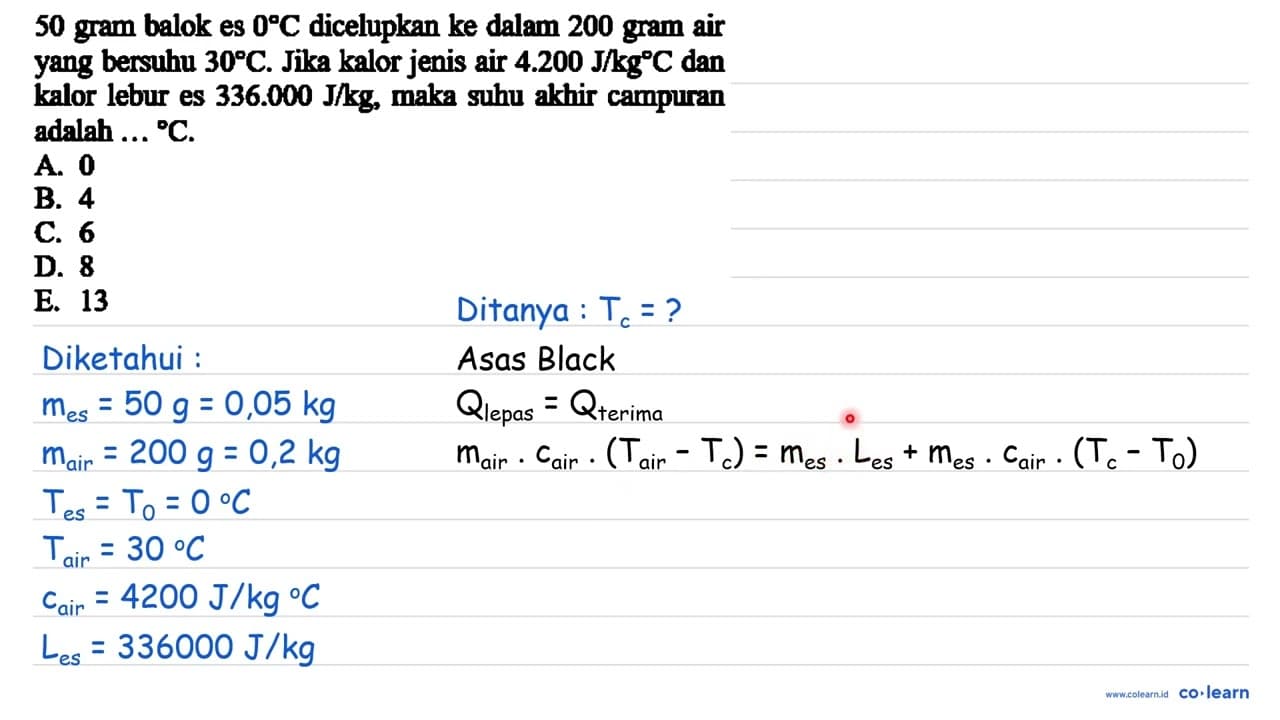 50 gram balok es 0 C dicelupkan ke dalam 200 gram air yang