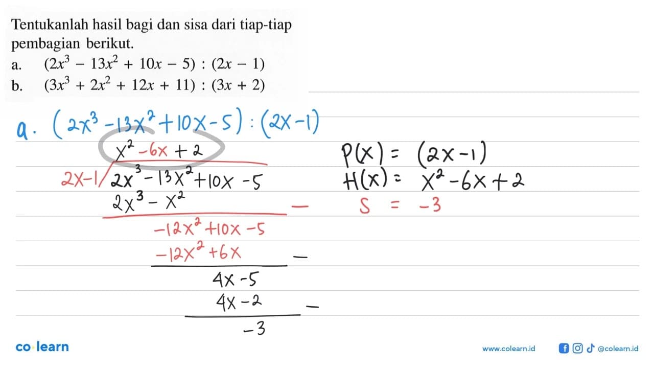 Tentukan hasil bagi dan sisa dari tiap-tiap pembagian