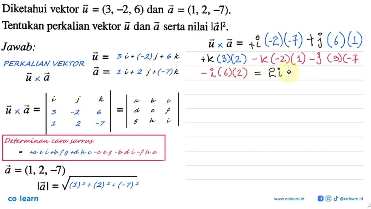 Diketahui vektor u=(3,-2,6) dan vektor a=(1,2,-7) .