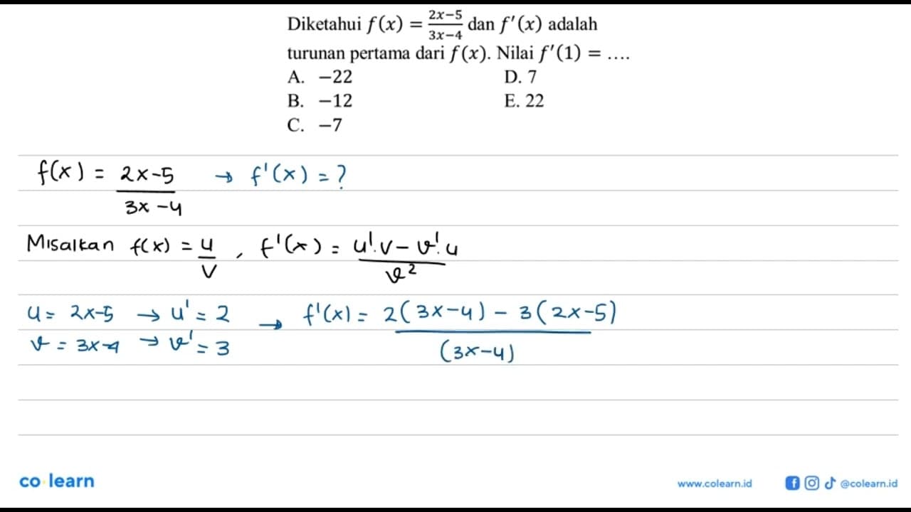 Diketahui f(x)=2x-5/3x-4 dan f'(x) adalah turunan pertama