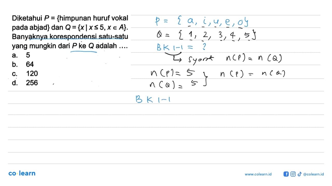 Diketahui P = {himpunan huruf vokal pada abjad} dan Q = {x