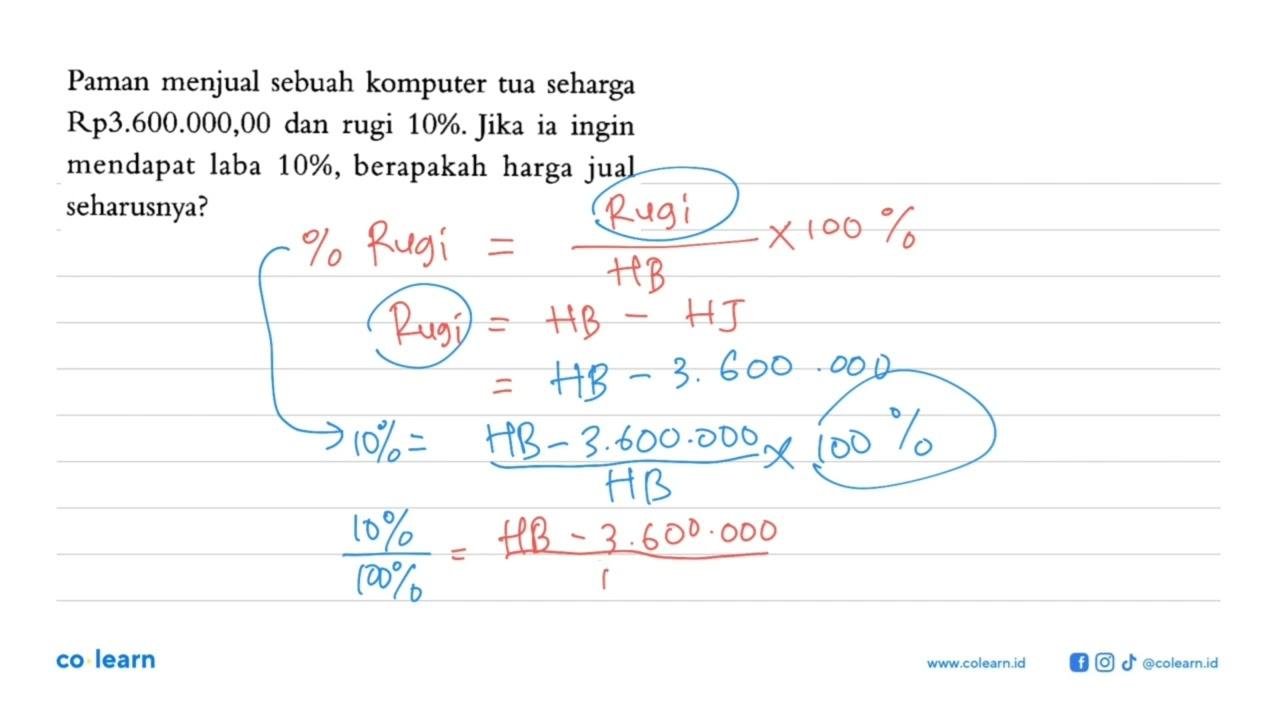 Paman menjual sebuah komputer tua seharga Rp3.600.000,00