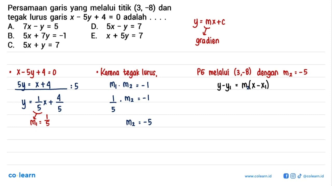 Persamaan garis yang melalui titik (3,-8) dan tegak lurus