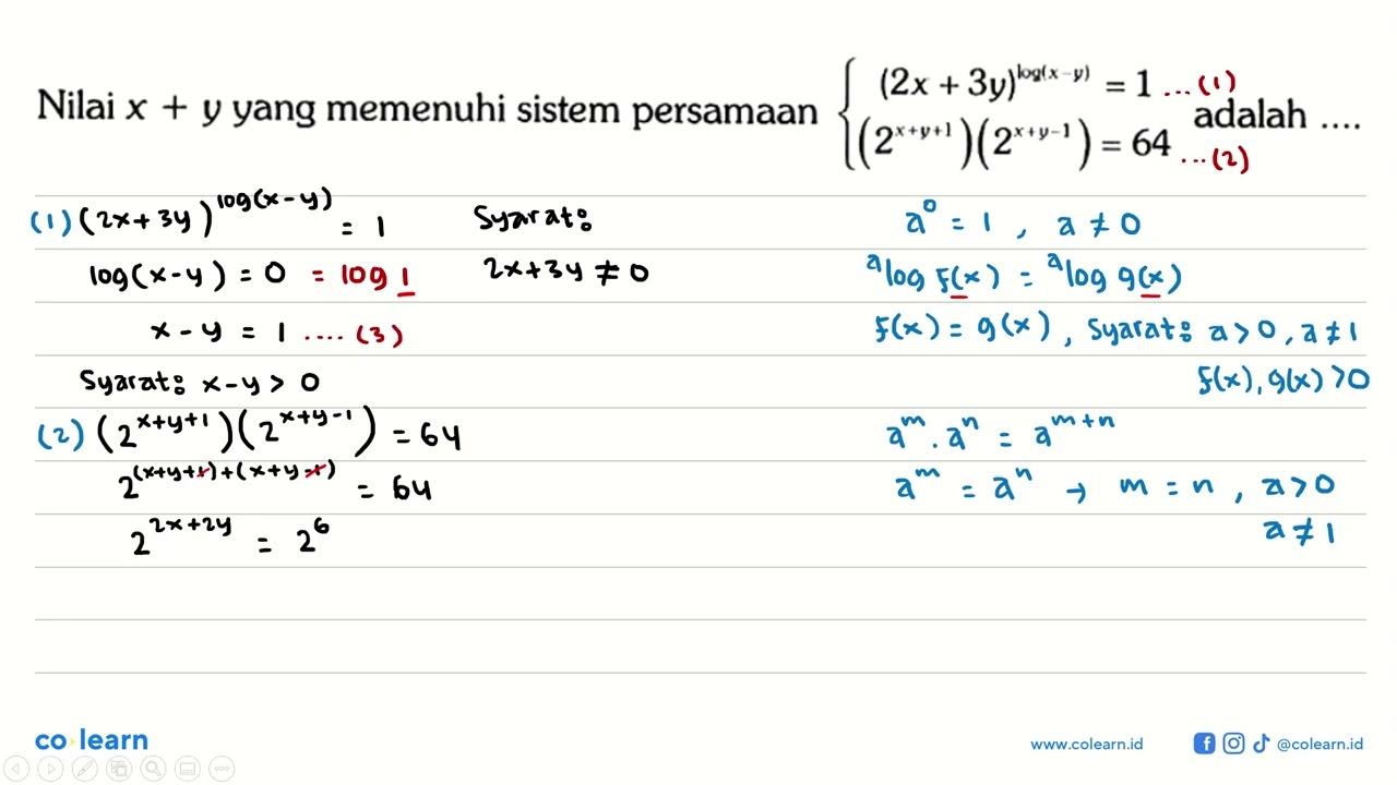 Nilai x+y yang memenuhi sistem persamaan