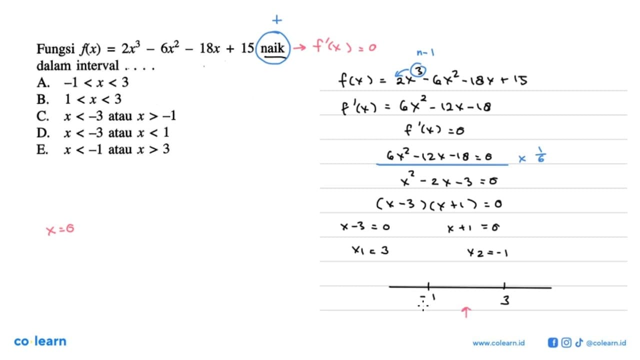 Fungsi f(x)=2x^3-6x^2-18x+15 naik dalam interval ....