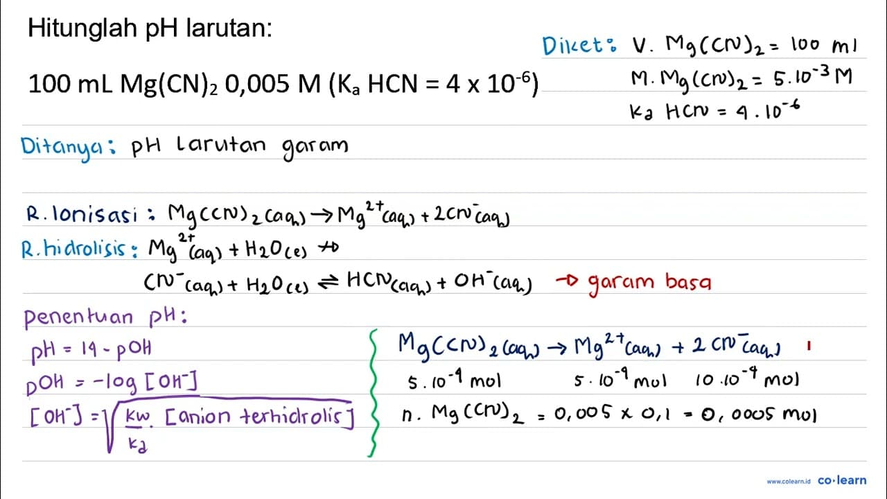 Hitunglah pH larutan: 100 ~mL Mg(CN)_(2) 0,005 M(K_(a)