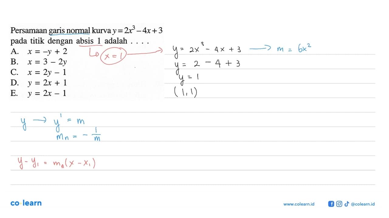 Persamaan garis normal kurva y=2x^3-4x+3 pada titik dengan