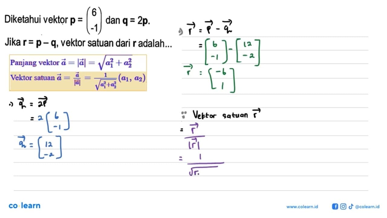 Diketahui vektor p=(6 -1) dan q=2p .Jika r=p-q, vektor