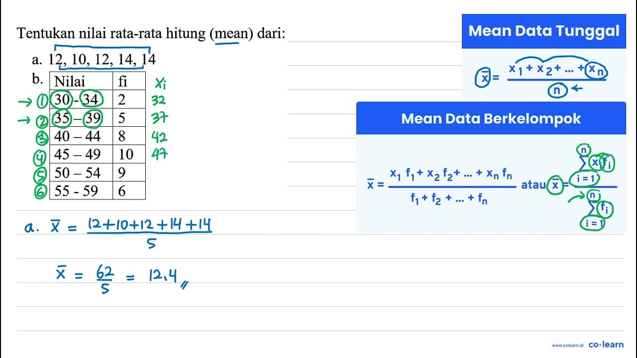 Tentukan nilai rata-rata hitung (mean) dari: a.