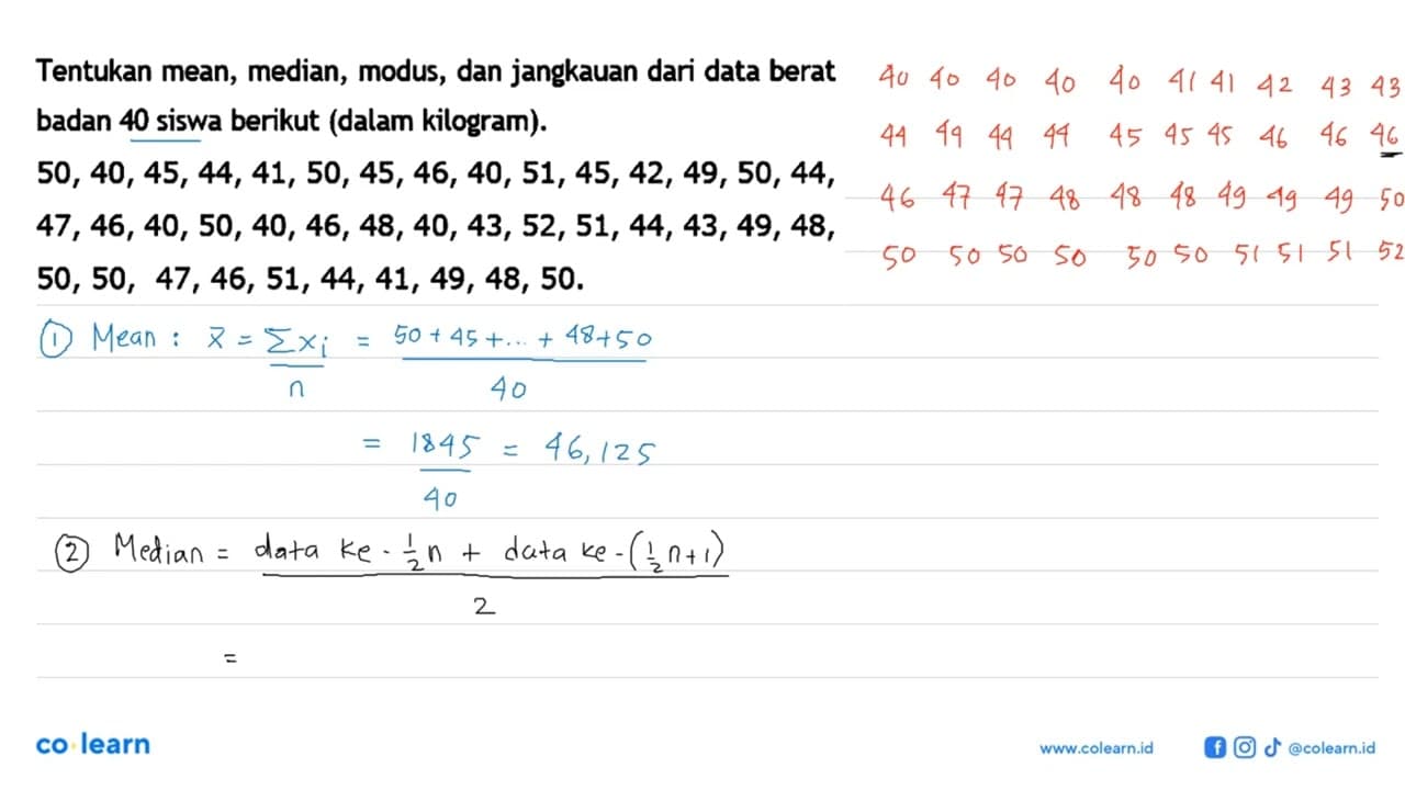 Tentukan mean, median, modus, dan jangkauan dari data berat