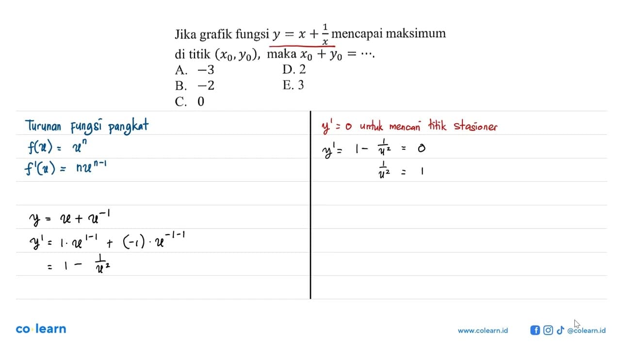 Jika grafik fungsi y=x+1/x mencapai maksimum di titik (x0,