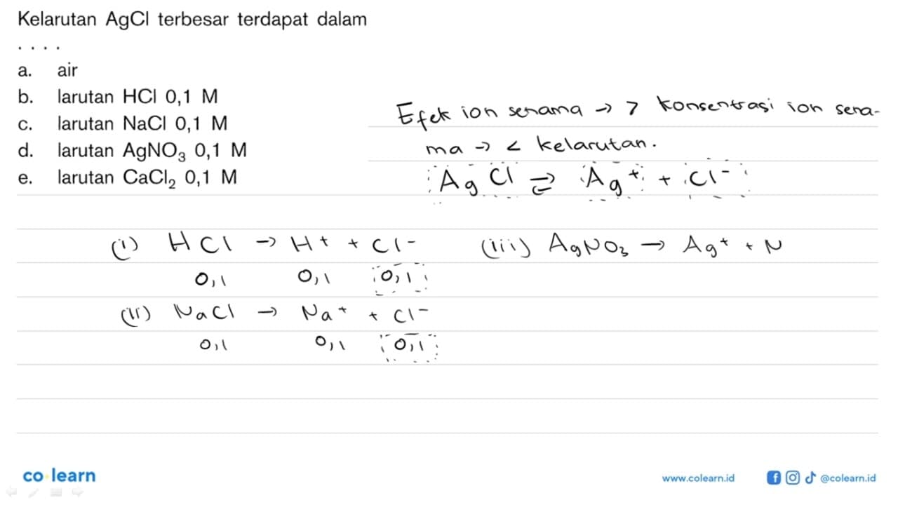 Kelarutan AgCl terbesar terdapat dalama. airb. larutan HCl