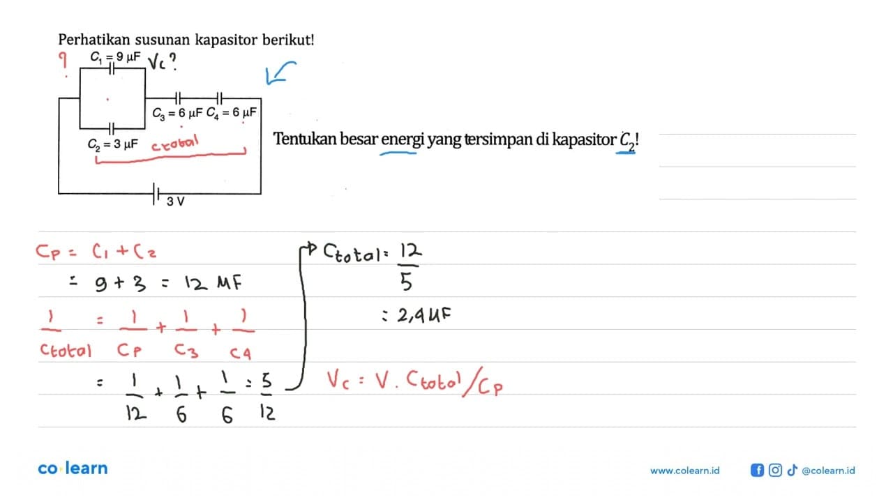 Perhatikan susunan kapasitor berikut! C1 = 9 mu F C2 = 3 mu