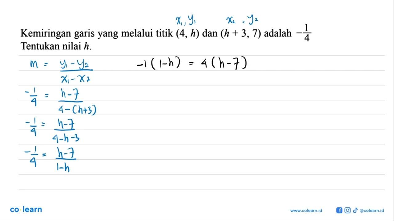 Kemiringan garis yang melalui titik (4, h) dan (h + 3, 7)