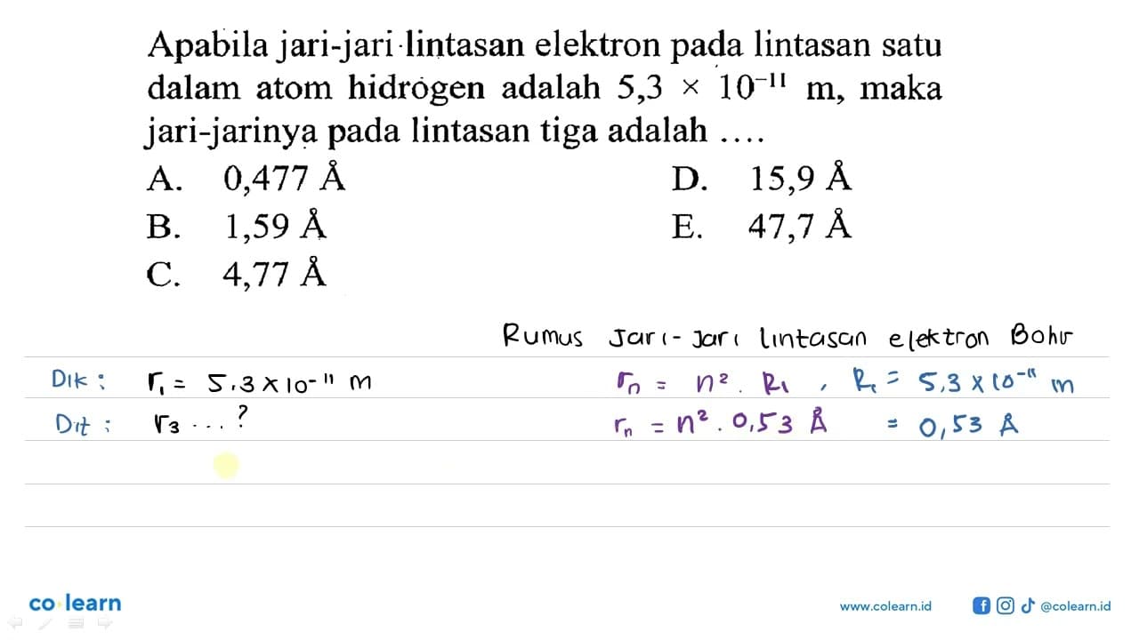 Apabila jari-jari lintasan elektron pada lintasan satu atom