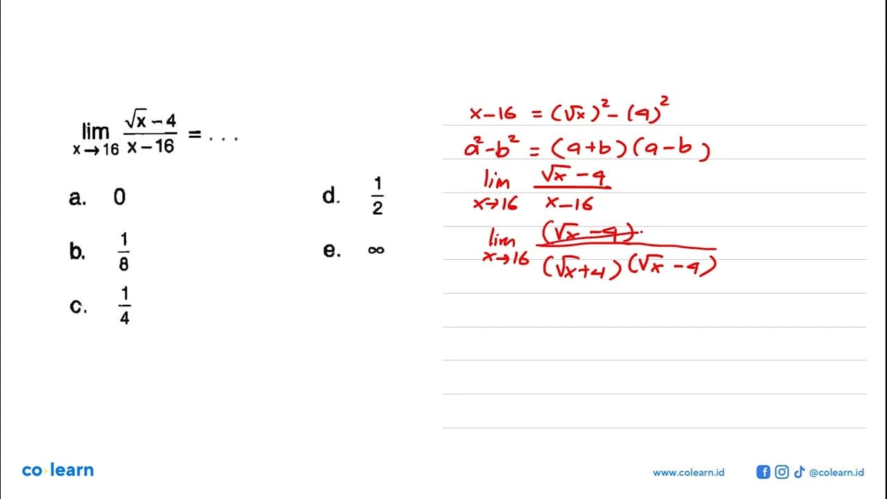 lim x -> 16 (akar(x)-4)/(x-16)=...