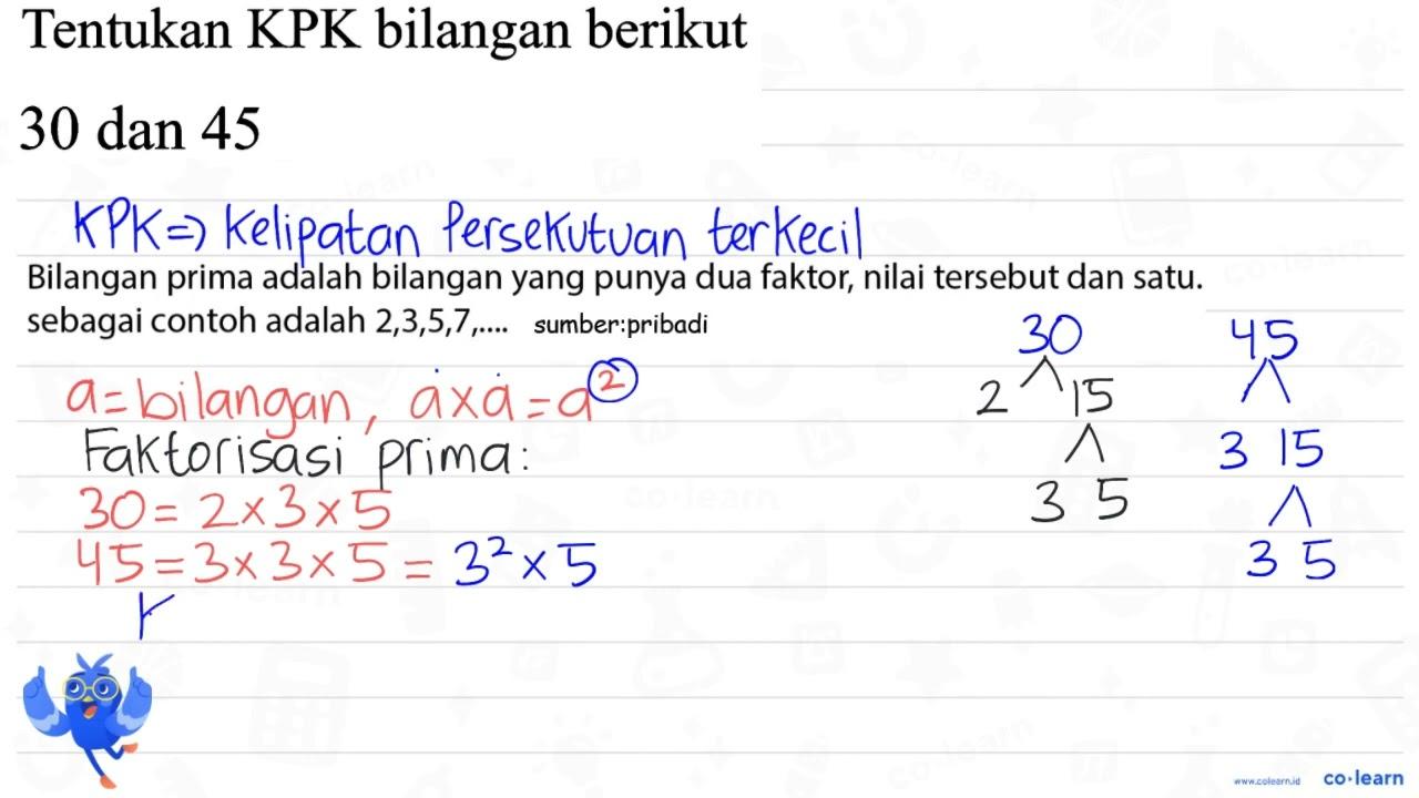 Tentukan KPK bilangan berikut 30 dan 45