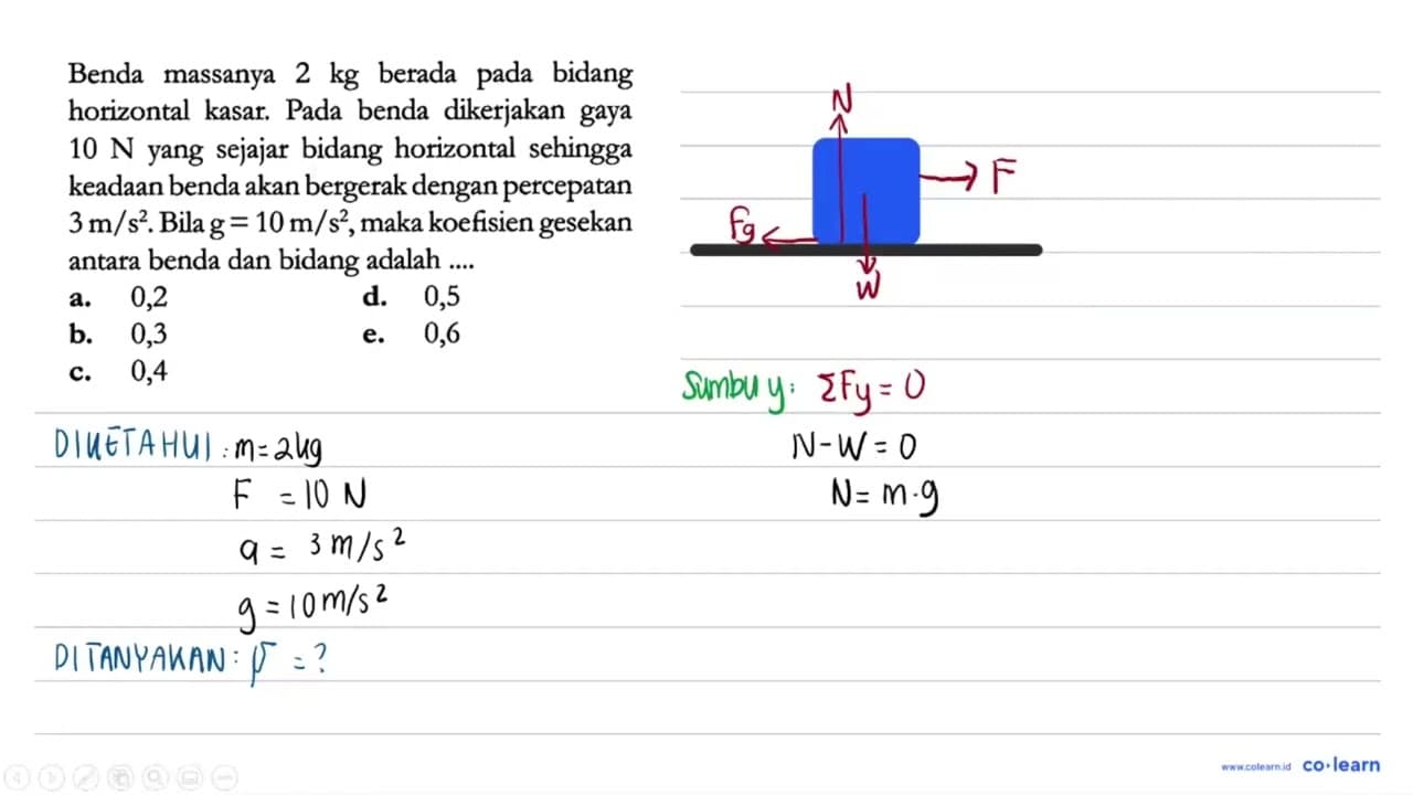 Benda massanya 2 kg berada pada bidang horizontal kasar.