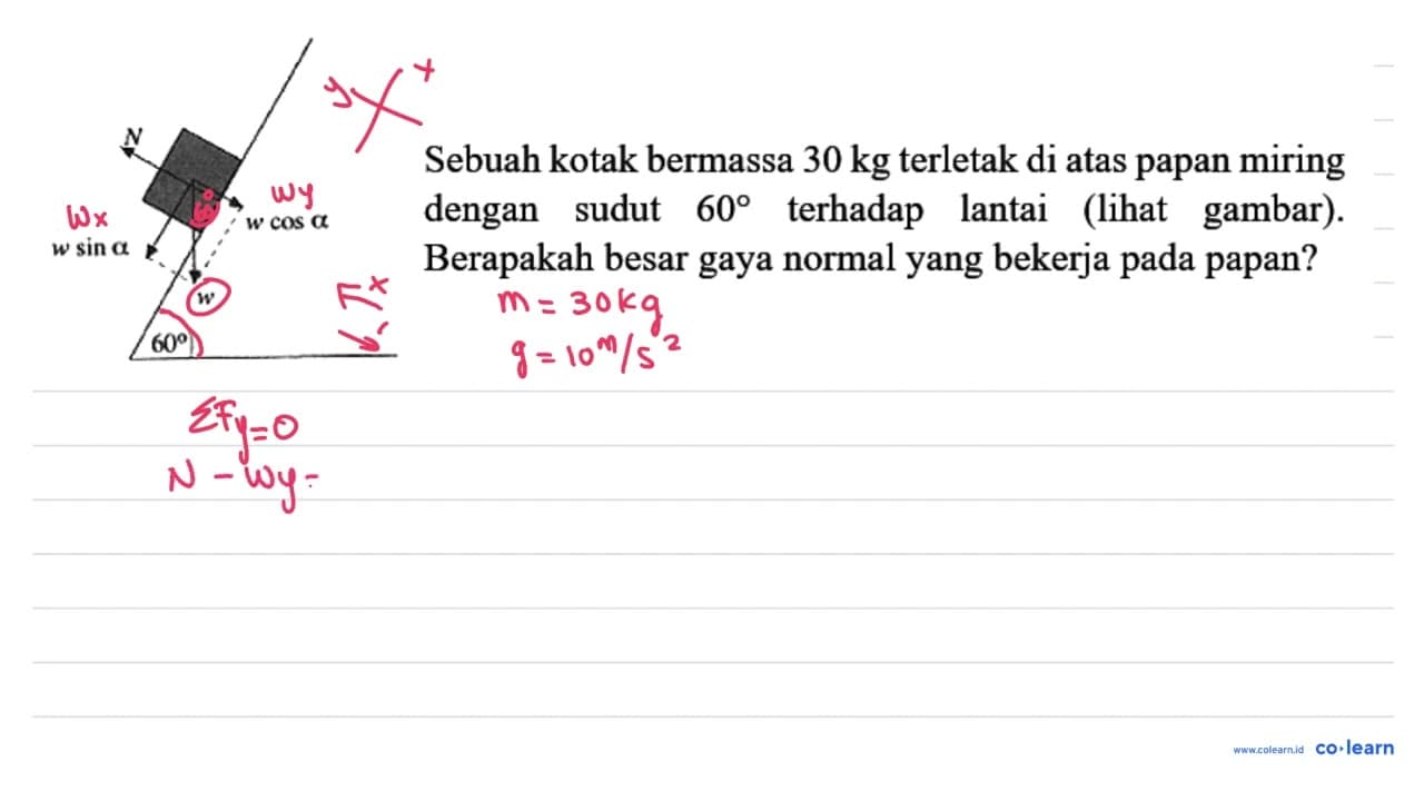 Sebuah kotak bermassa 30 kg terletak di atas papan miring