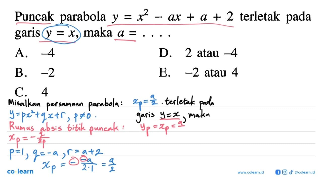 Puncak parabola y = x^2 - ax + a + 2 terletak pada garis y