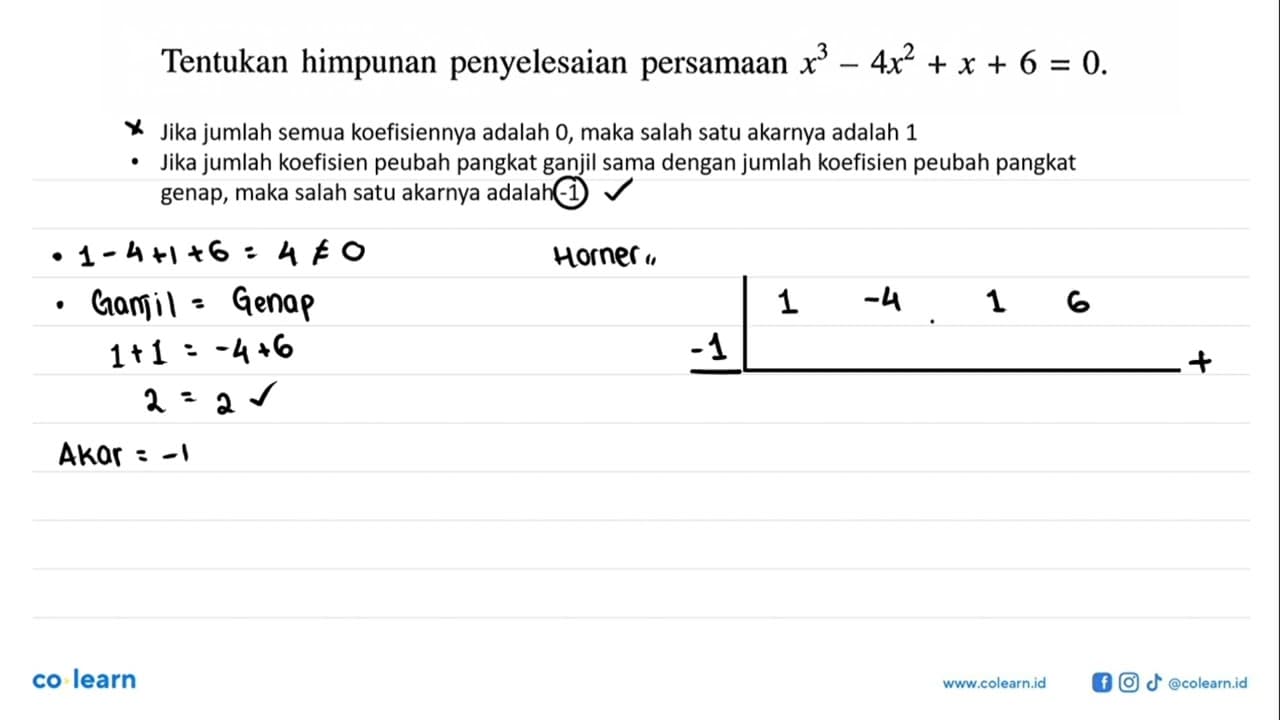 Tentukan himpunan penyelesaian persamaan x^3-4x^2+x+6=0.