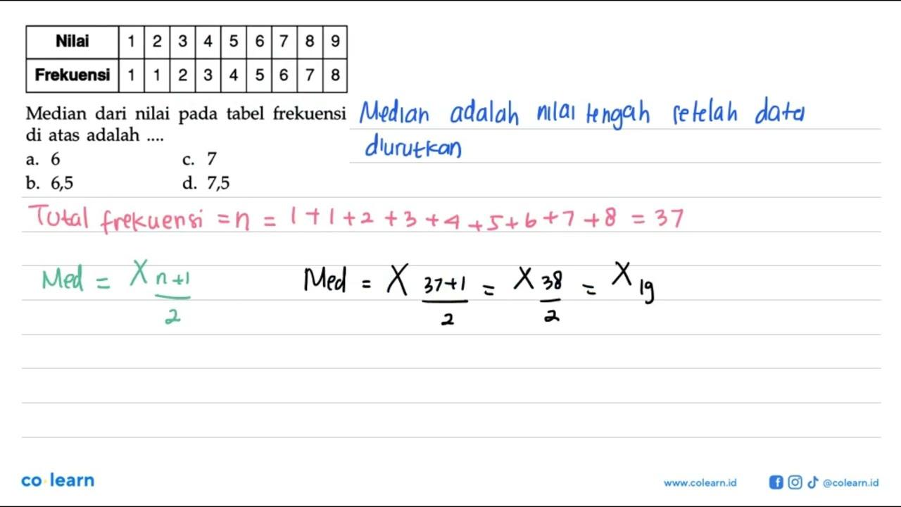 Nilai 1 2 3 4 5 6 7 8 9 Frekuensi 1 1 2 3 4 5 6 7 8 Median