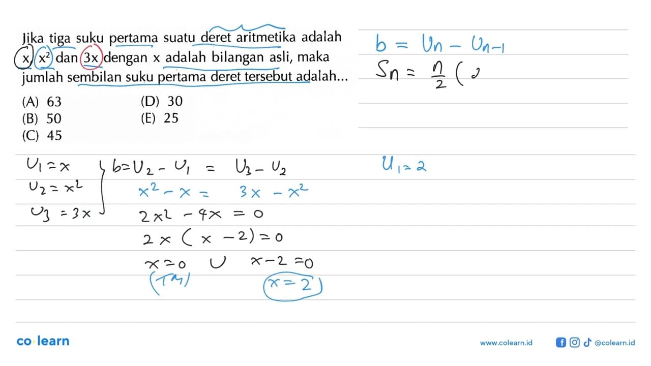 Jika tiga suku pertama suatu deret aritmetika adalah x, x^2