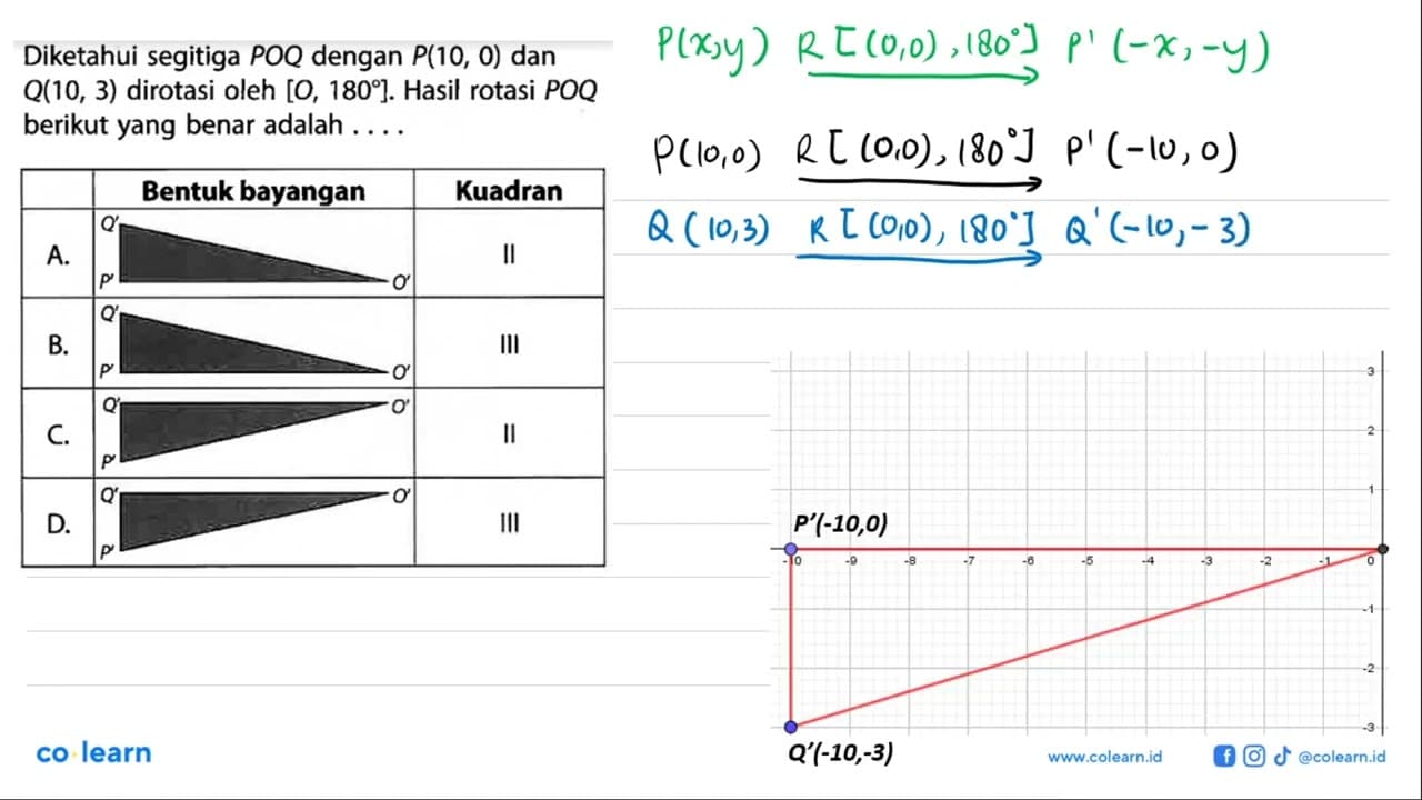 Diketahui segitiga POQ dengan P(10,0) dan Q(10,3) dirotasi