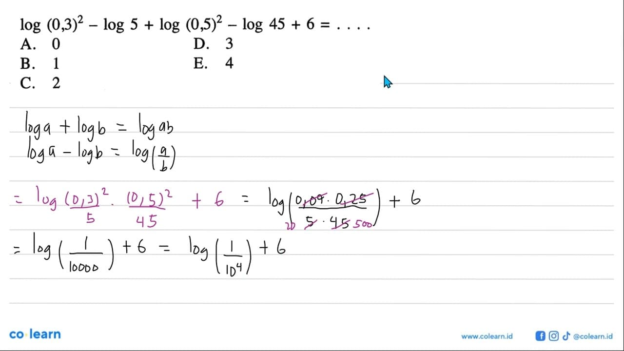 log(0,3)^2-log5+log(0,5)^2-log45+6=...