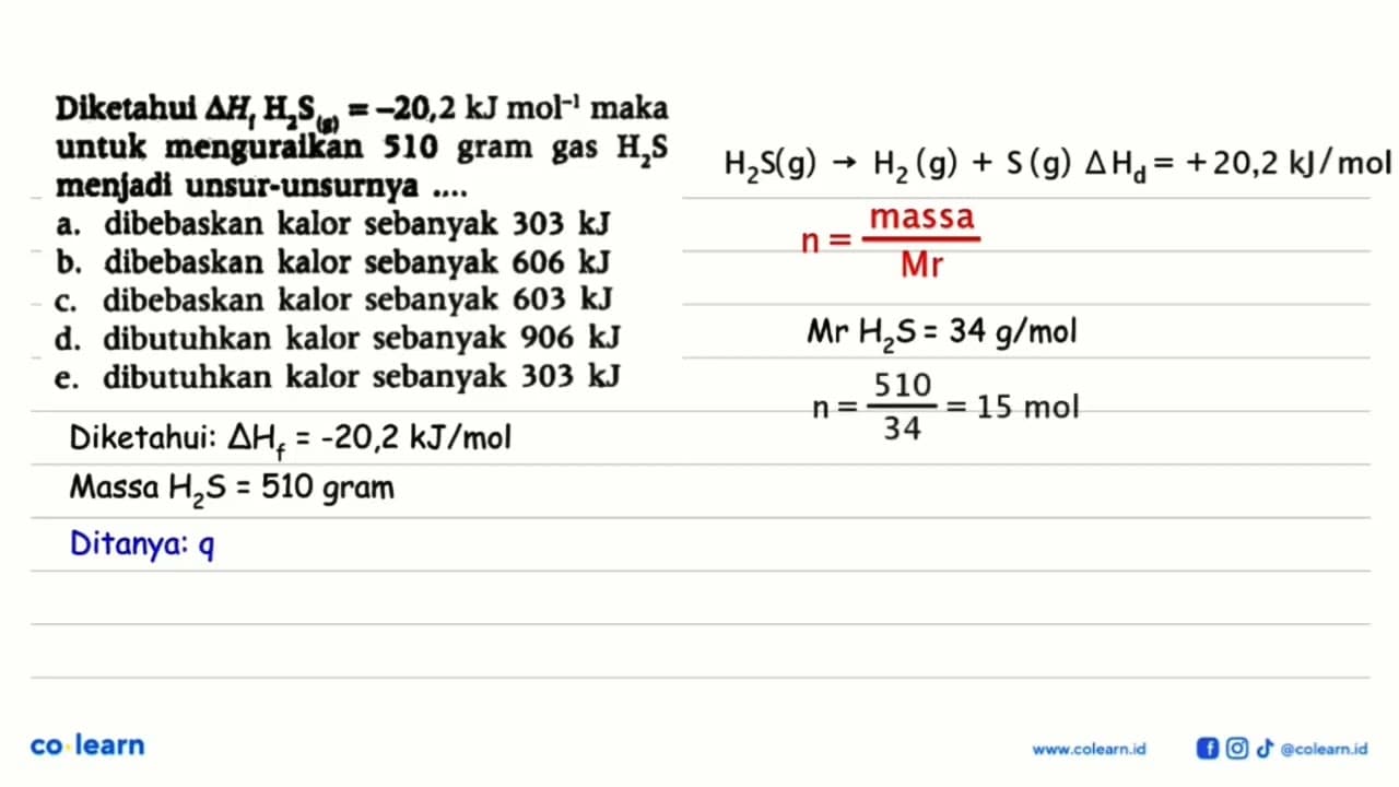 Diketahui delta Hf H2S (g) = -20,2 kJ mol^(-1) maka untuk