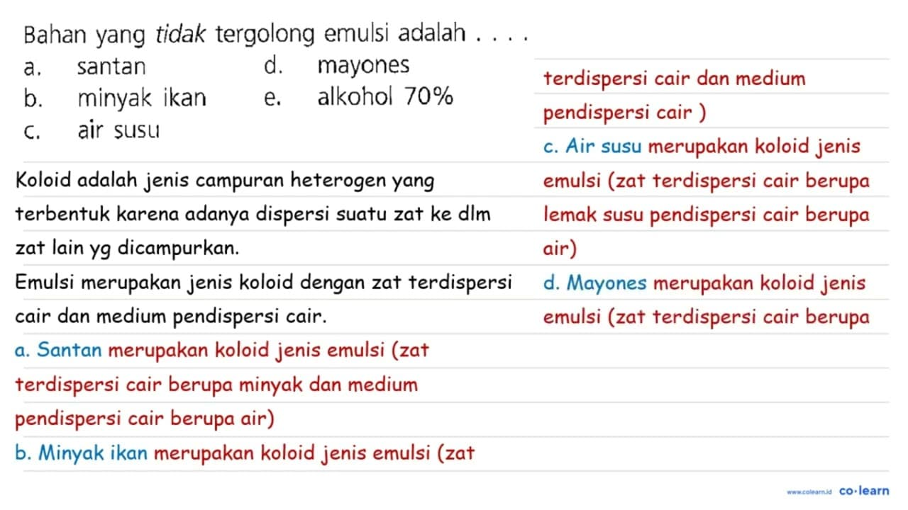 Bahan yang tidak tergolong emulsi adalah ... a. santan d.